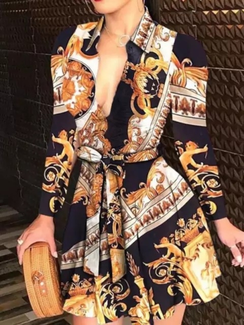 Women's Black and Gold Baroque Print Tie-Waist Dress